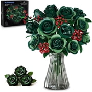 TERRAMUS Green Roses Bouquet Building Set with LED Lights,16 Roses & Red Gypsophila Artificial Flowers Botanical Collection Gift for Her Home & Office Decor (523Pcs)