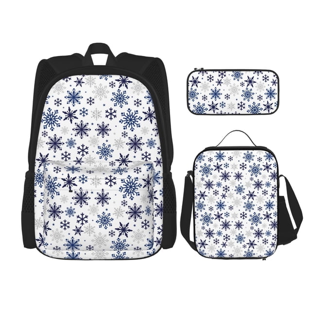 Disketp blue Snowflake Prints Mochila Estampada de Gran Capacidad con Lonchera y Estuche, Set de 3 Piezas para Estudiantes