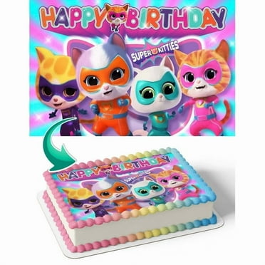 Colorful SuperKitties Happy Birthday Edible Image Cake Topper For Quarter Sheet Cake By TNCT