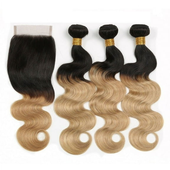 Ustar 100% Human Hair Ombre 1B/27 Body Wave 3 Bundles with 4 by 4 Lace Closure Stretched Length/inch: 14"16"18"+ Closure16"
