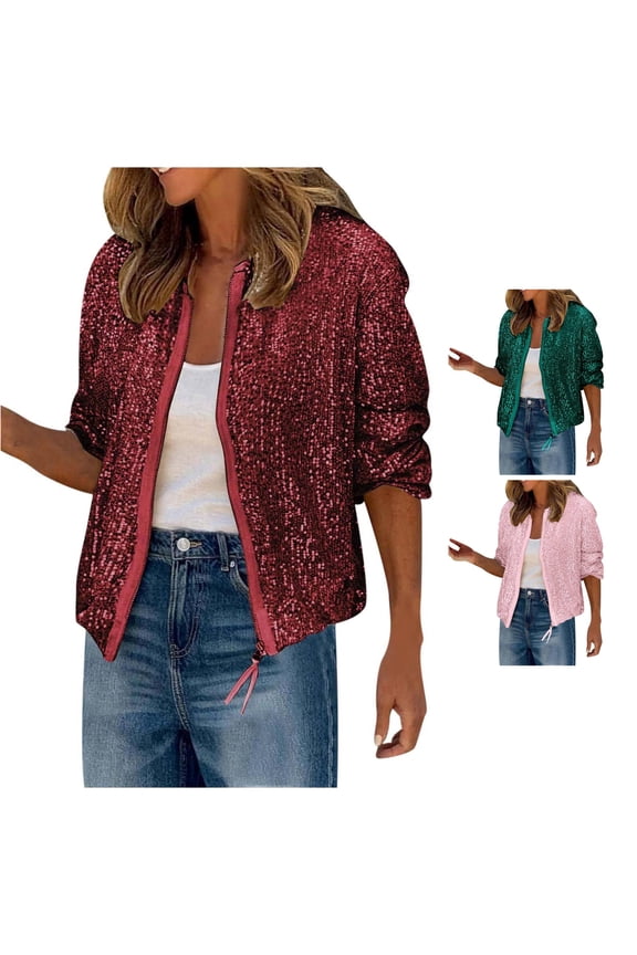 All-Over Sequin Bomber Jacket for Women, Full Zip Stand Collar, Party Holiday Fashion Outerwear, 1 Piece, S-XXL, Plus Size Friendly