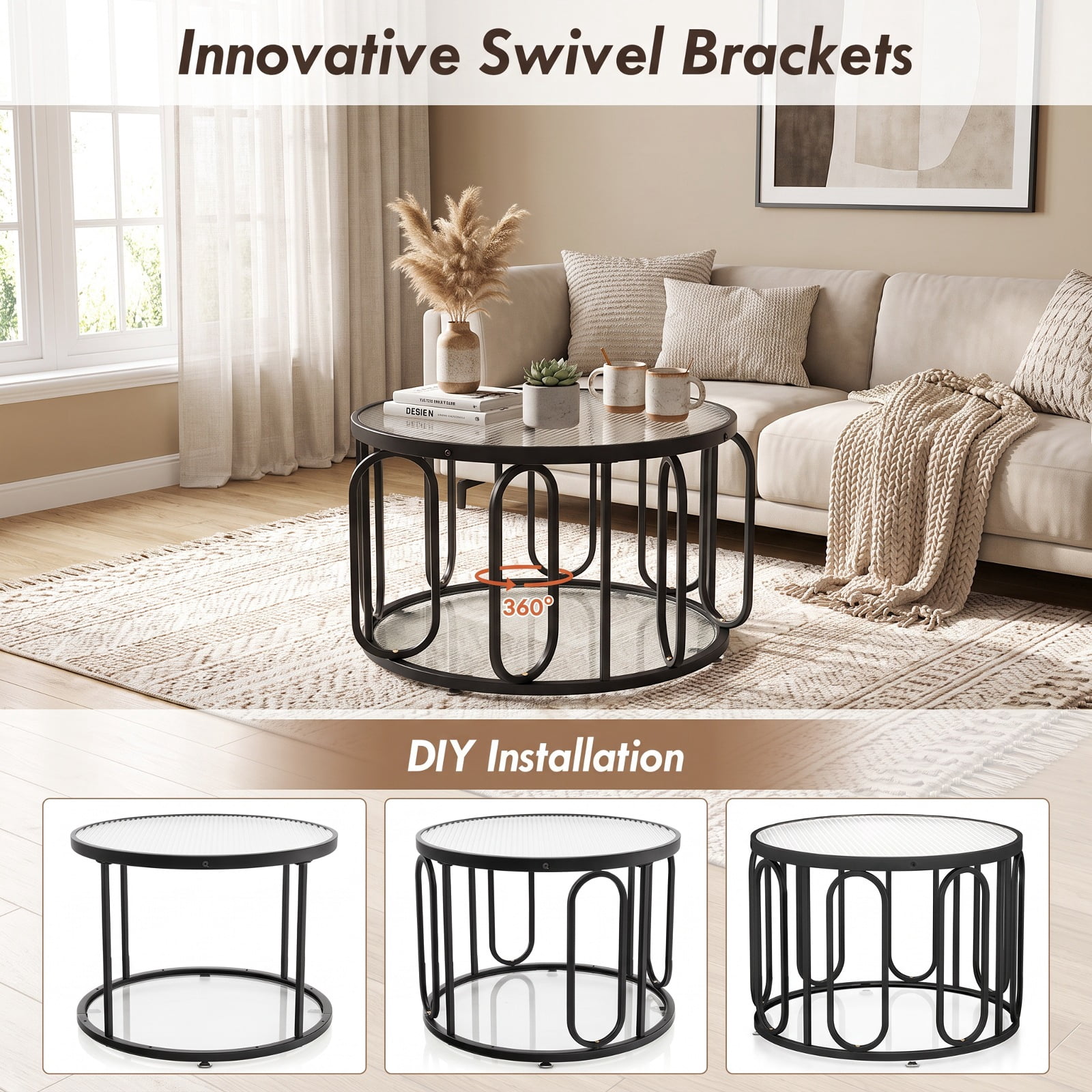 Furnibear 24 Inch Round Coffee Table with Reeded Tempered Glass Top and Oval Swivel Brackets a Modern Small Living Room Glass Center Table, Black
