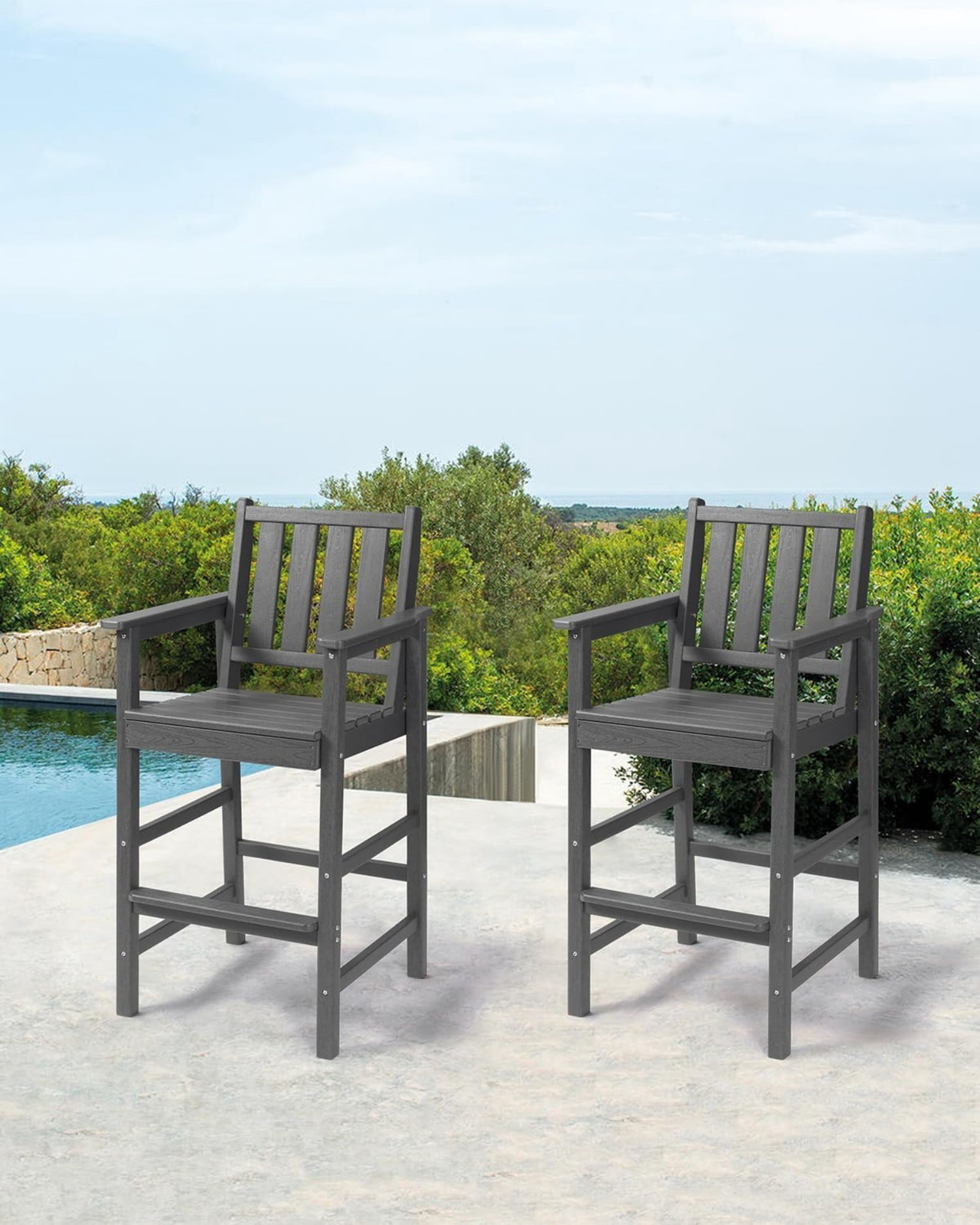 Adirondack Bar Chair Set of 2, HDPE Outdoor Bar Stools with Footrest, All Weather Adirondack Bar Height Chairs for Patio, Balcony, Porch, Deck, Poolside, Smoke Gray