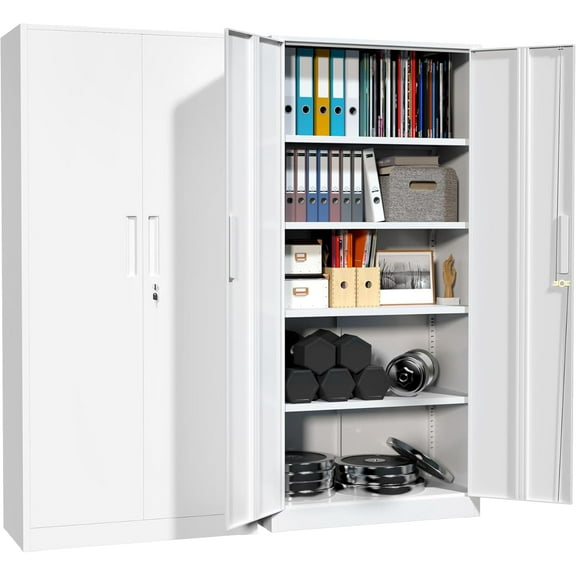 Metal Garage Storage Cabinet with Lock, 71" H Lockable Storage Cabinets with Doors and 4 Adjustable Shelves, Locking Cabinet for Office, Home, Garage, Gym, School (White)