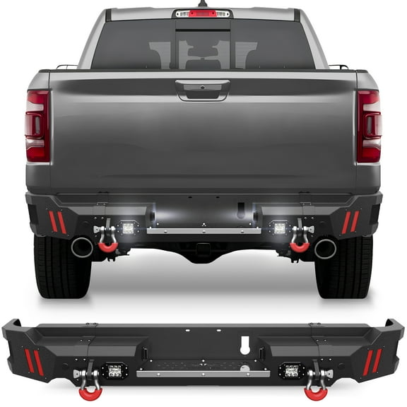 POFENZE Rear Bumper Compatible with Dodge Ram 1500 2019-2025 Black Pickup Truck Bumper for Ram 1500 with Step Plate, Lights, Sensor Holes(Exclude Classic)