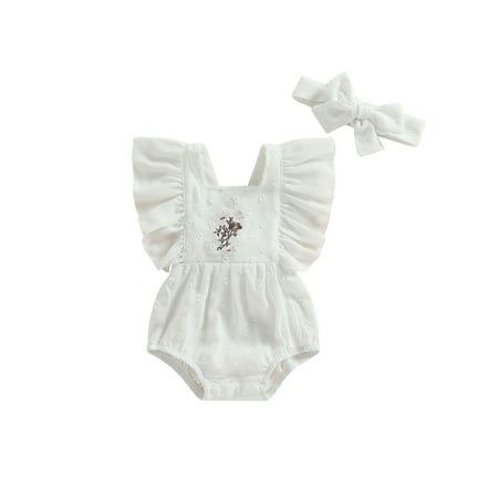 

Baby Girl 2Pcs Summer Outfits Ruffle Sleeve Floral Embroidery Romper with Headband Set