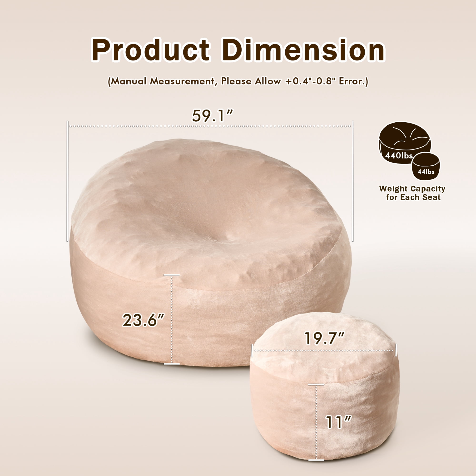 Vcatnet 59" Oversized Bean Bag Chair for Adults with Ottoman Giant Bean Bag Sofa Couch with Memory Foam Upholstered Lazy Floor Sofa for Living Room Bedroom, Beige