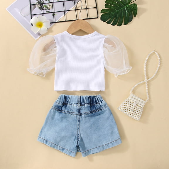 Vedolay Girl Shorts Sets Summer Girl's 2 Piece Outfits Print Ribbed Cut Out Tee Shirt and Biker Shorts Set,White 3-4 Years