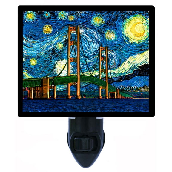 Night Light - Makinac Bridge Starry Night. | Van Gogh Theme, Includes Free Switchable Insert, 4W Bulb, E12 Base