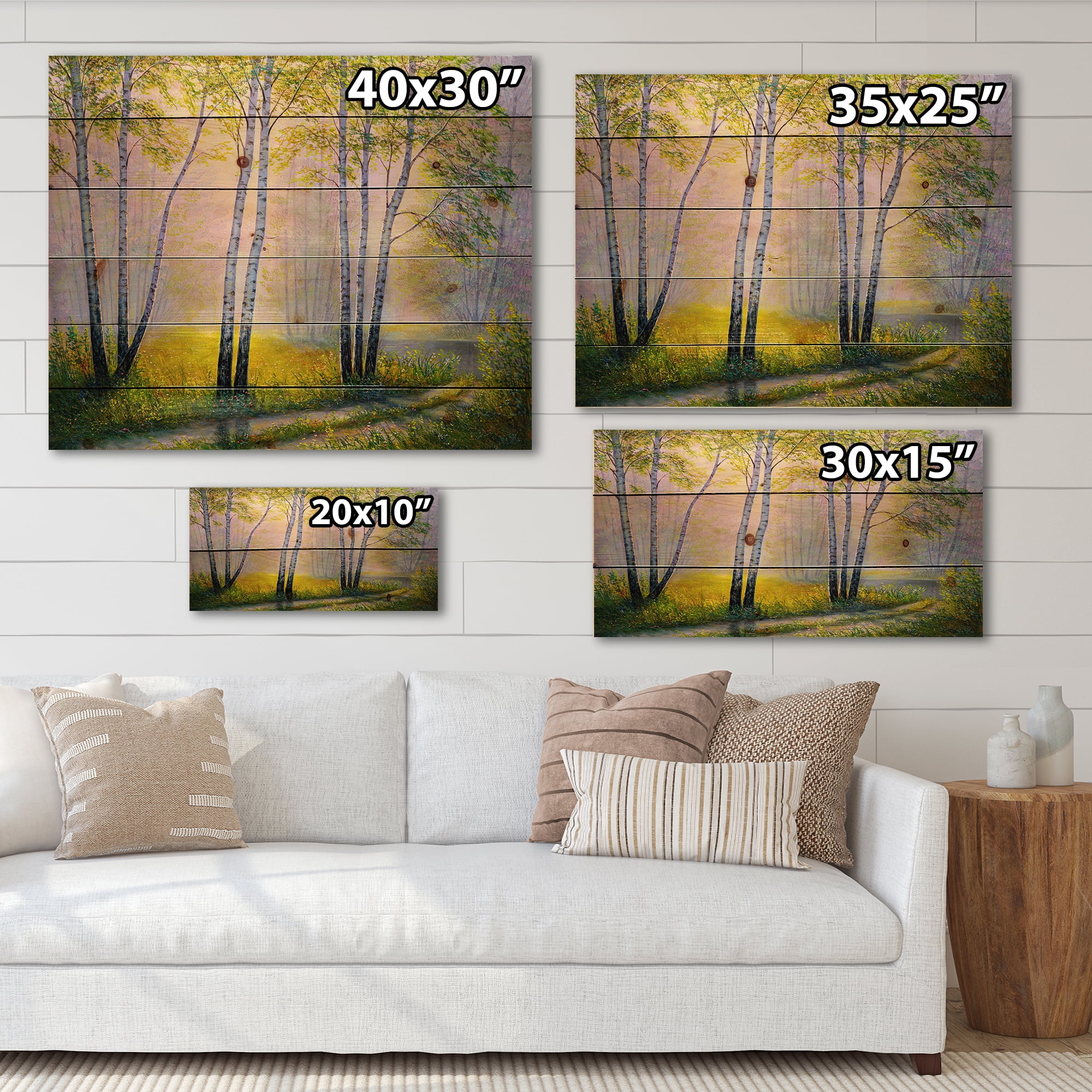 Designart 'Sunrise Glow Through The Birches I' Traditional Print on Natural Pine Wood