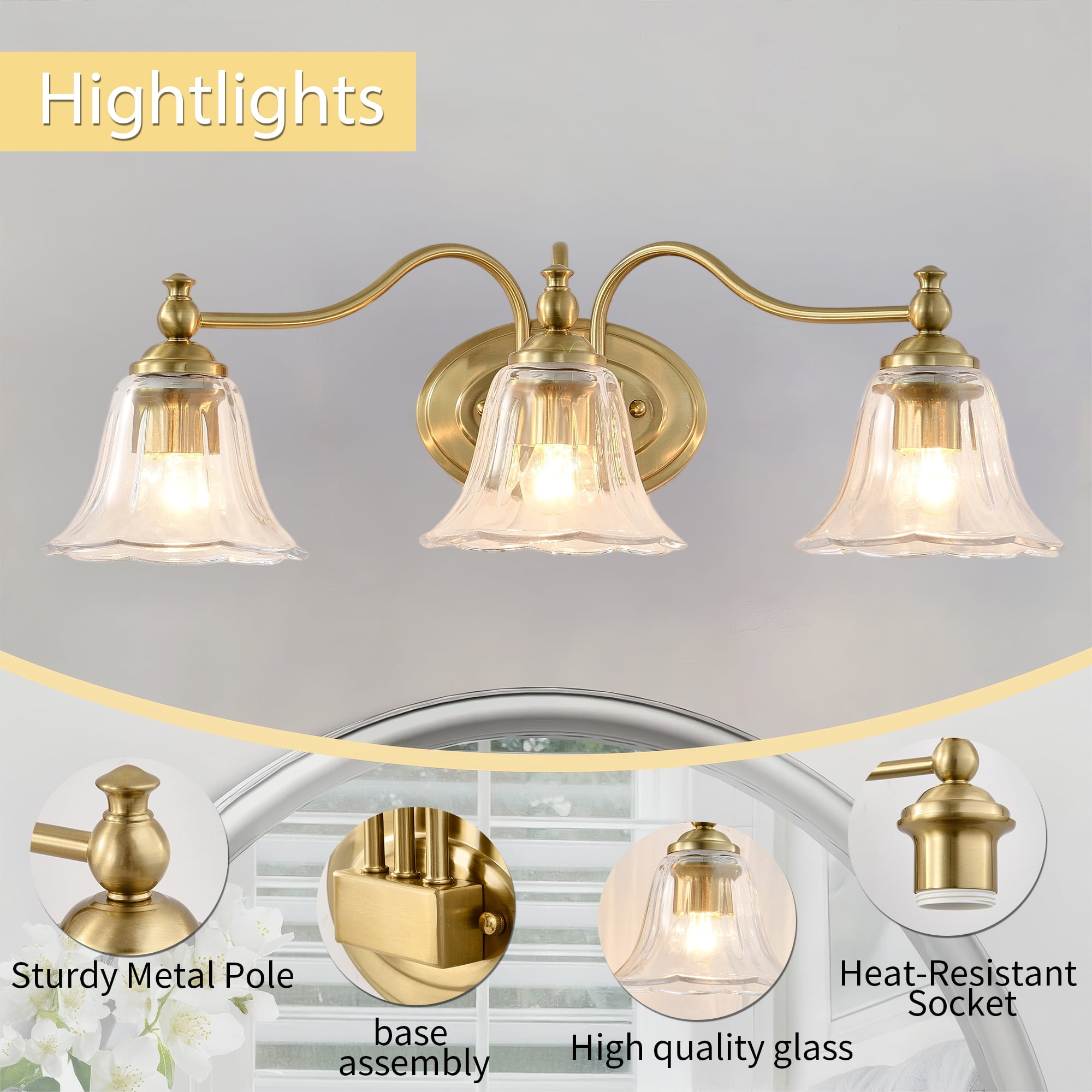 Antique Brass 3-Light Vanity Light, Vintage Bathroom Light Fixture with Floral Glass Shades, Classic Wall Sconce for Bedroom, Farmhouse