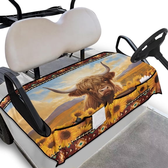 Uorisanigo Aztec Golf Cart Seat Cover with 4 Pockets Sunflower Highland Cow Golf Cart Seat Towel Blanket Fits for EZGO, Club Car, Yamaha Front Seat Protector, Easy to Install & Clean