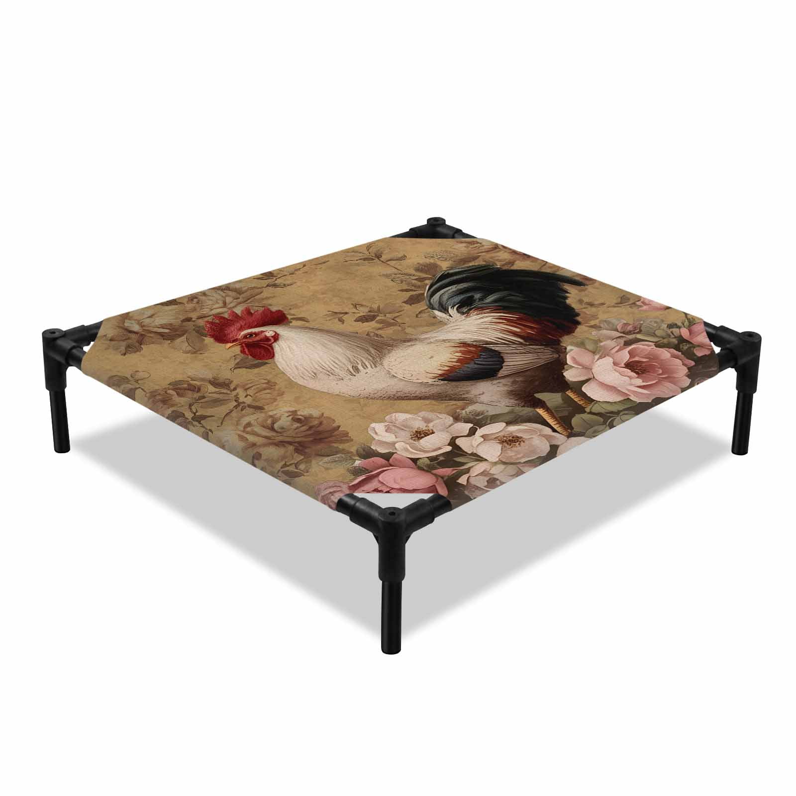 Rooster Roses Elevated Dog Bed Retro Country Rooster Pink White Floral Cooling Breathable Outdoor Raised Dog Cot Bed with Metal Frame Non-Slip Feet for Small Dog 20x20in