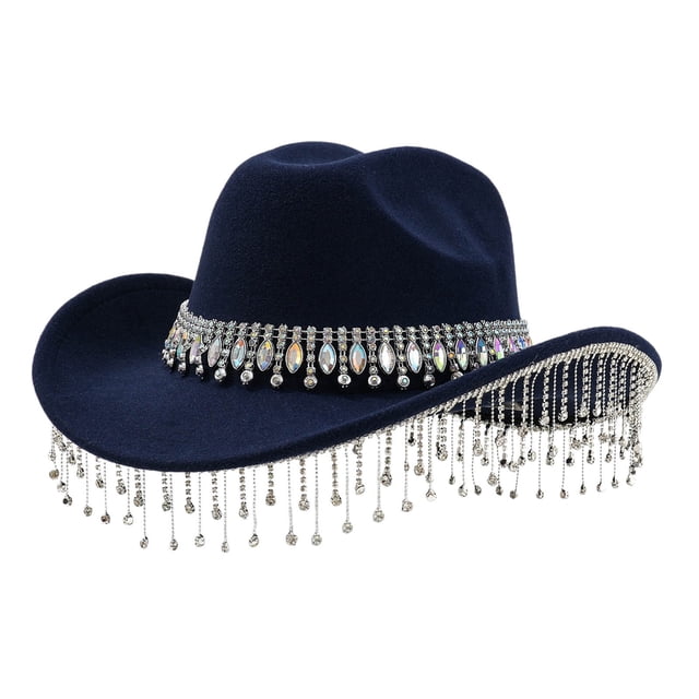 Aocisk Stylish Western Cowboy Hat For Women Men With Large Round Gemstone Rhinestone Fringe Decorations Ideal Party Event Accessory Navy One Size