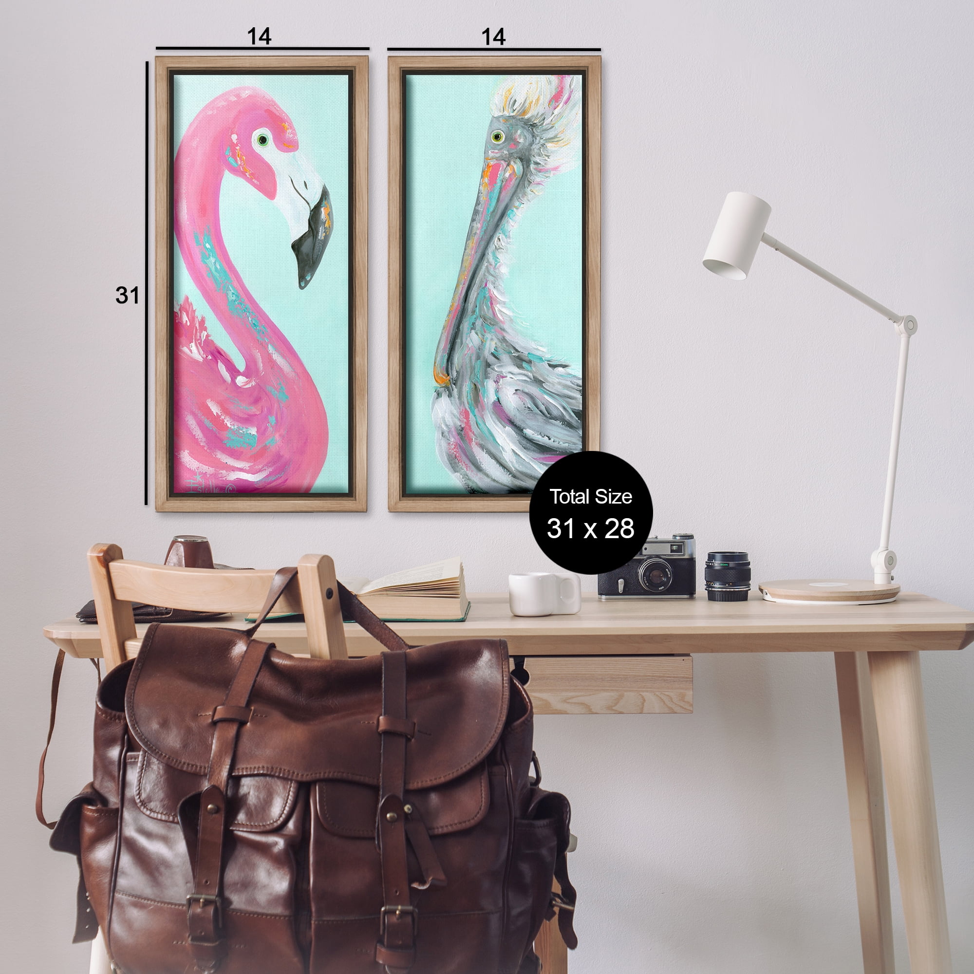 Stupell Industries Odd Flamingo Pelican Profile Animals Painting Brown Floater Framed Canvas Art Print Wall Art, 14 x 31, Set of 2