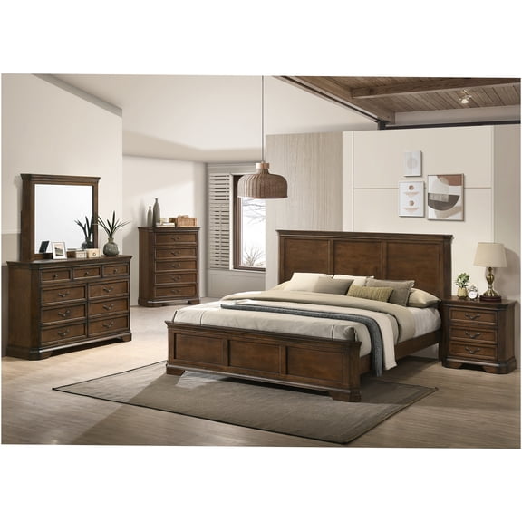 JERFIT 5-Piece Queen Bedroom Set in Walnut Brown, Traditional Solid Wood Panel Bed with Dresser, Mirror, Nightstand and Chest