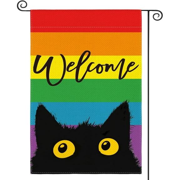 Welcome LGBTQ Pride Parade Rainbow Cat Garden Flag Double Sided, LGBTQ Community Gay Lesbian Transgender Bisexual Yard Outdoor Decoration 12 x 18 Inch