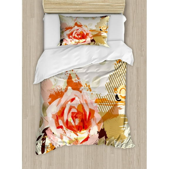 Ambesonne Rose Duvet Cover Set, Abstract Grunge, Twin, Khaki Orange Pink