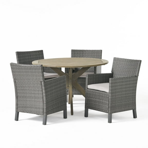 GDF Studio Kirby Outdoor Acacia Wood and Wicker 5 Piece Dining Set with Cushion, Gray