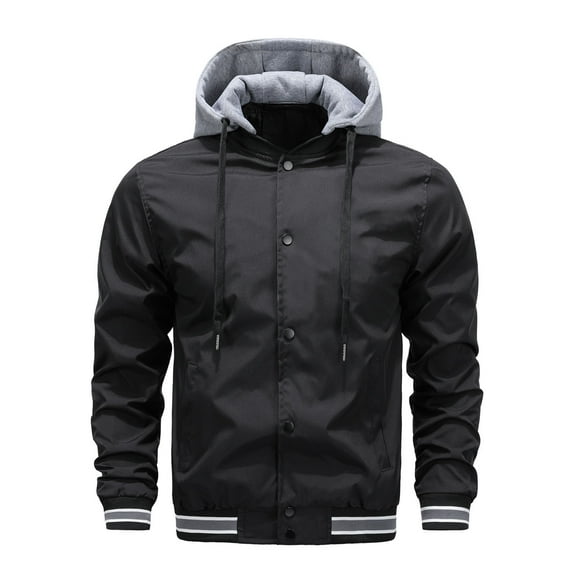 hopeusnice Men's Slim Fit Contrast Color Hood Bomber Jacket with Pockets Utility Outdoor Sport Coat Black L