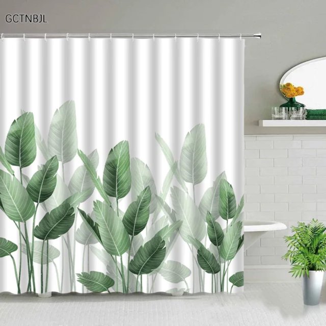 Cortina de ducha DEKAXID con diseño de hojas de palmera tropical, hojas de plantas verdes, calabaza, camión rojo, decoración navideña y de Halloween.