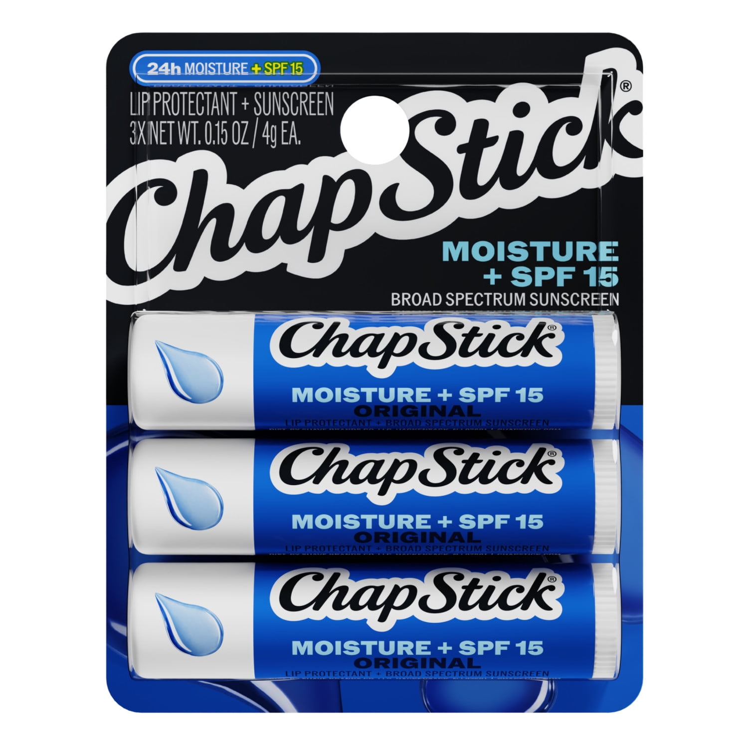 ChapStick Moisture + SPF 15 Lip Protectant with Broad Spectrum Sunscreen, Relieves Dryness, 24 Hour Moisture, Hydrating Lip Balm, 3-Pack, 0.15 oz Each