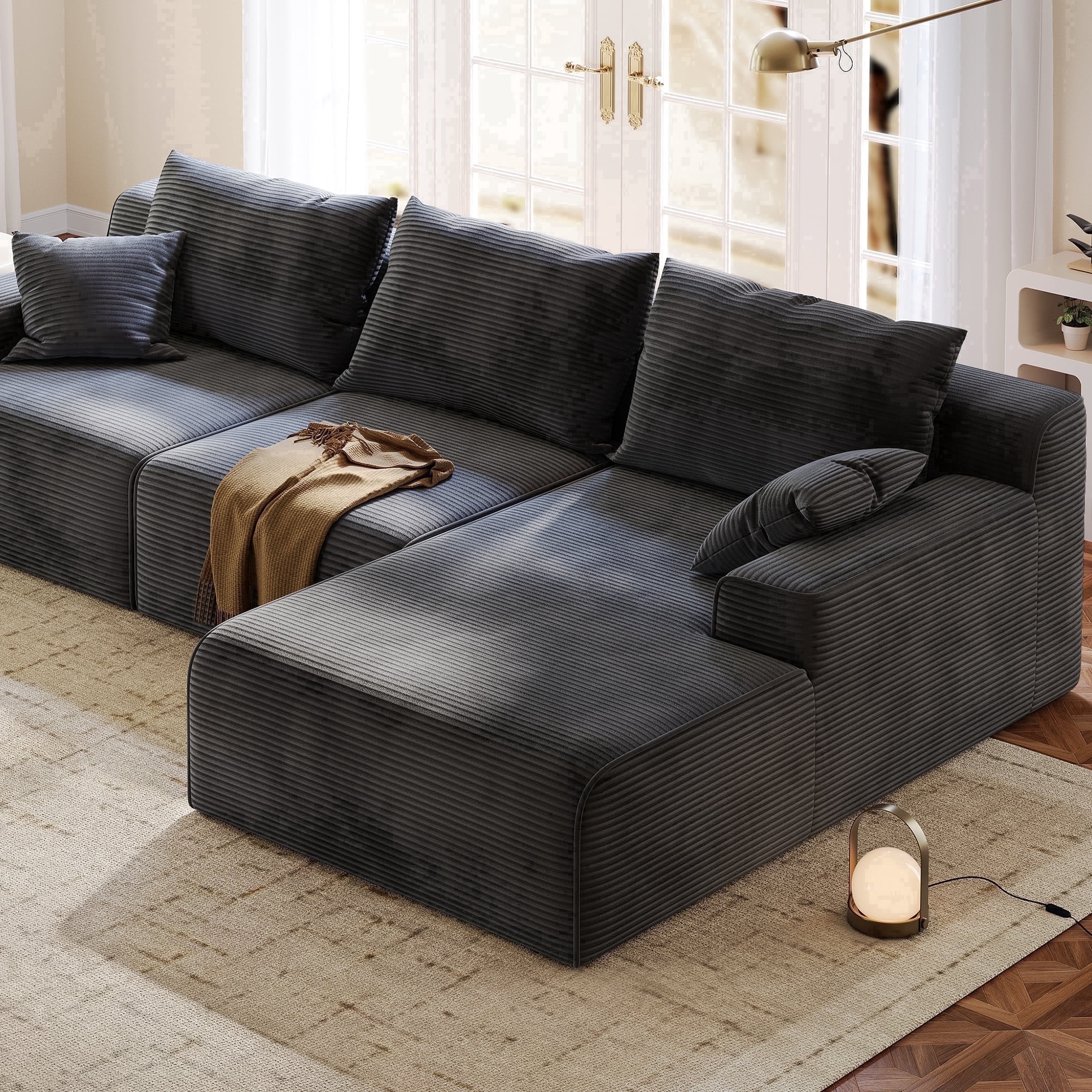 EnHomee Modular L-Shaped Couch for Livingroom Convertible Cloud Sofa Boneless Sectional Couch for Home, Grey(Corduroy)