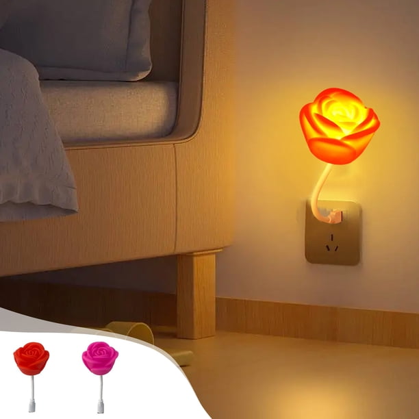 Luz nocturna USB Rose - Lámpara LED enchufable roja o rosa para dormitorio, baño, pasillo, cocina, escritorio - Regalo romántico de San Valentín