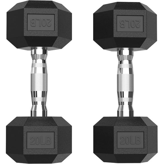 SRJUYK 20 lb Pair Rubber Encased HEX Dumbbell Set, No-Roll Cast Iron Hand Weights with Ergonomic Grip for Strength Training & Home Fitness