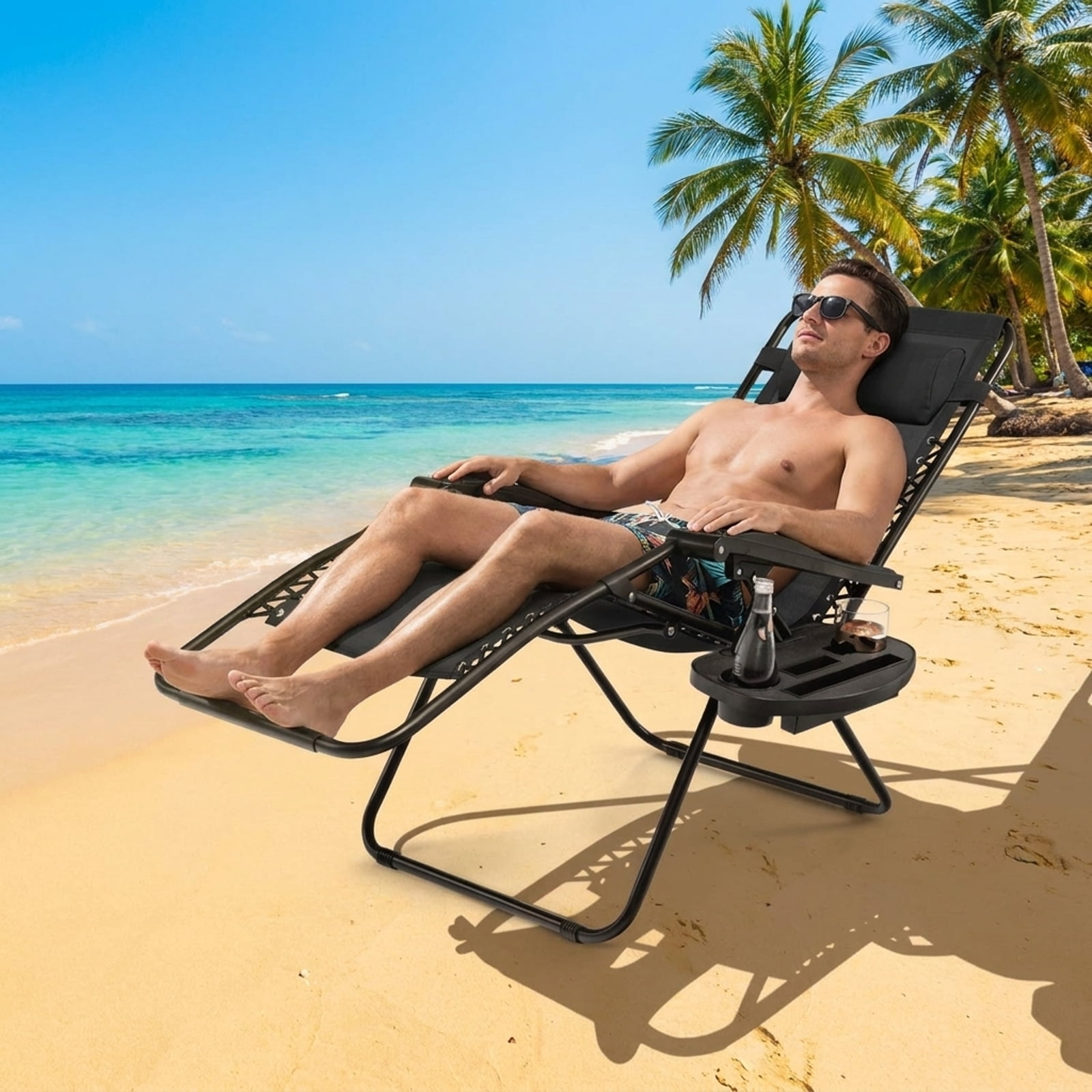 Furnibear Outdoor Folding Zero Gravity Reclining Lounge Chair with Removable Cup Holder Tray Detachable Headrest Steel and Aluminum Frame and 350 lb Capacity, Black