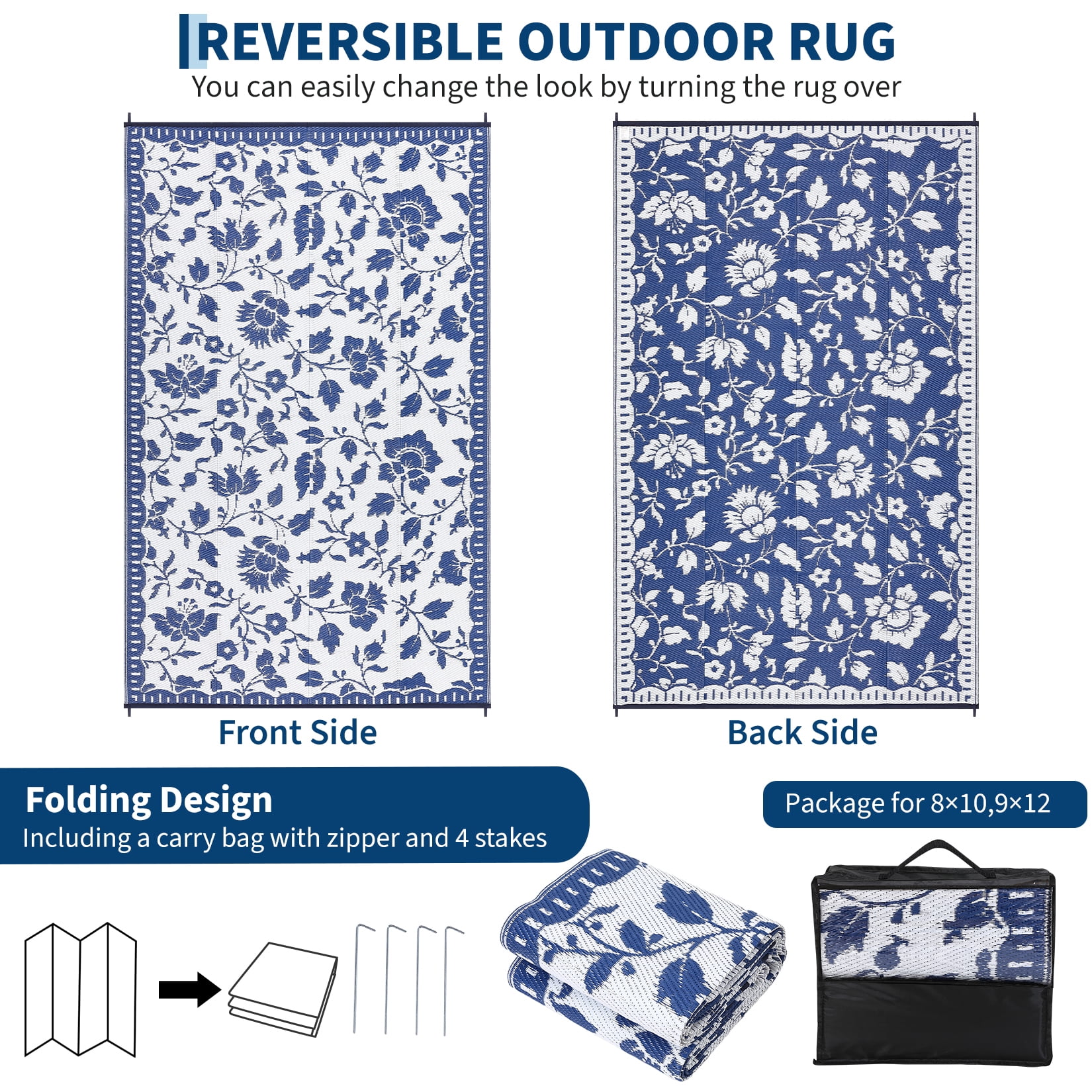Garvee 5'x8' Outdoor Rug Waterproof Floral Camping Carpet, Reversible Plastic Straw Rug Outdoor Rug for Patio RV Balcony Backyard, Dark Blue