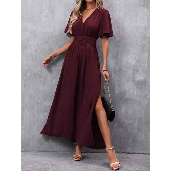 Red Violet V-Neck Butterfly Sleeve High Slit Maxi Dress For Women