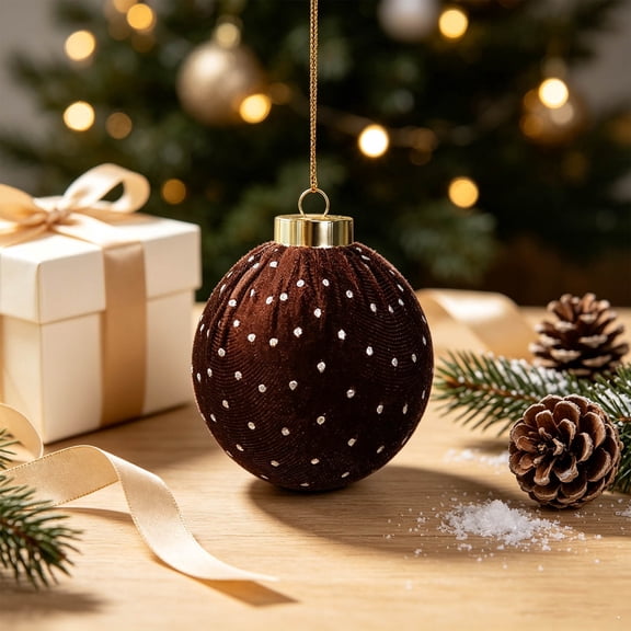 Coffee Brown Velvet Christmas Ball Ornament, 8 cm Soft Flocked Hanging Bauble with Textured Holiday Finish, Tree, Wreath, Garland, Holiday Party and Home Decor