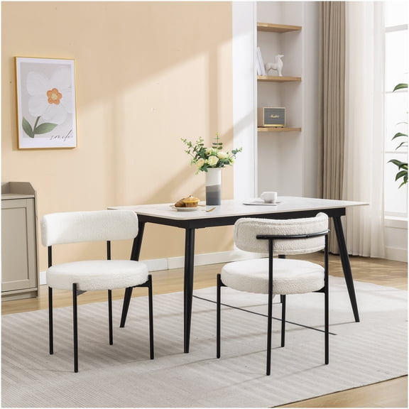 Modern Round Boucle Dining Chairs Set of 2, Off White Upholstered Side Chairs with Iron Legs for Kitchen Dining Room