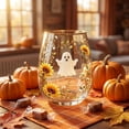 thumbnail image 4 of Cute Ghost Sunflower Stemless Wine Glass, Gold Rim Floral Ghost Print Clear Glass Cup, Fall Halloween Decorative Tumbler for Coffee Juice Wine Home Party Gift, 4 of 7