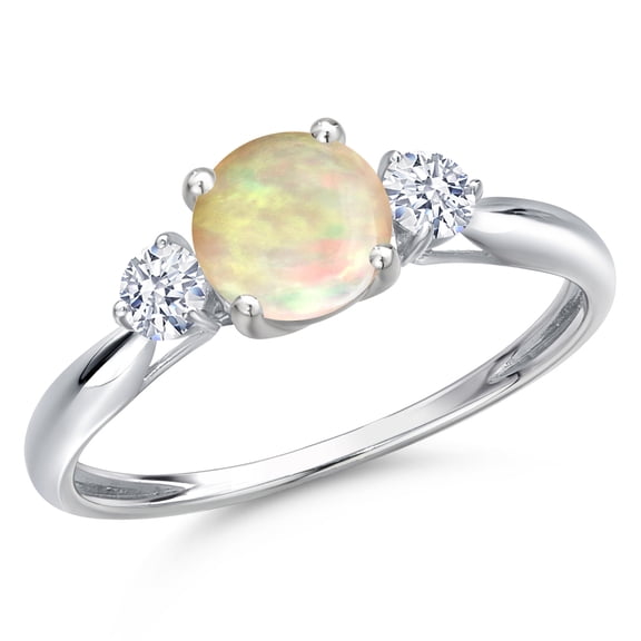 Gem Stone King 10K White Gold White Ethiopian Opal and White Zirconia 3-Stone Ring for Women | 0.78 Cttw | Round Cabochon 6MM | Gemstone October Birthstone | Size 8