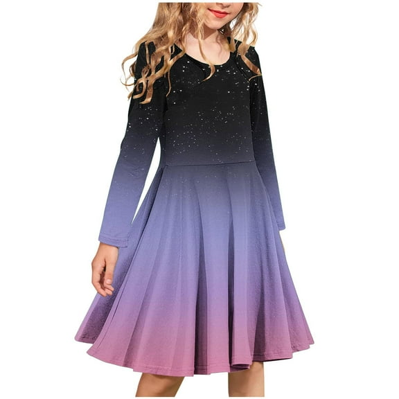 LIaqionyy Girls Tie Dye Dress Casual Long Sleeve Pleated Flowy A-Line Dresses Kids Crewneck Casual Ballet Dresses
