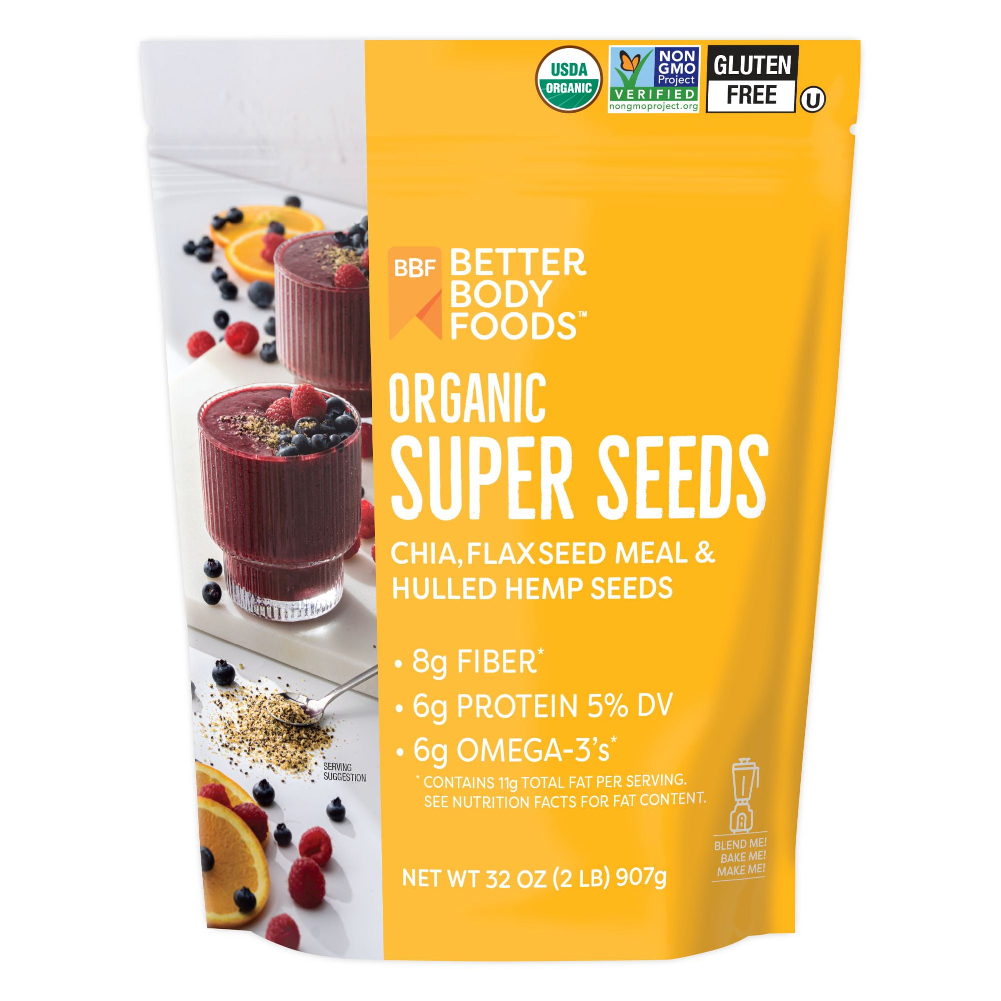 BetterBody Foods Organic Super Seeds, Chia Seeds, Flaxseed Meal, & Hemp Seeds, 32 oz