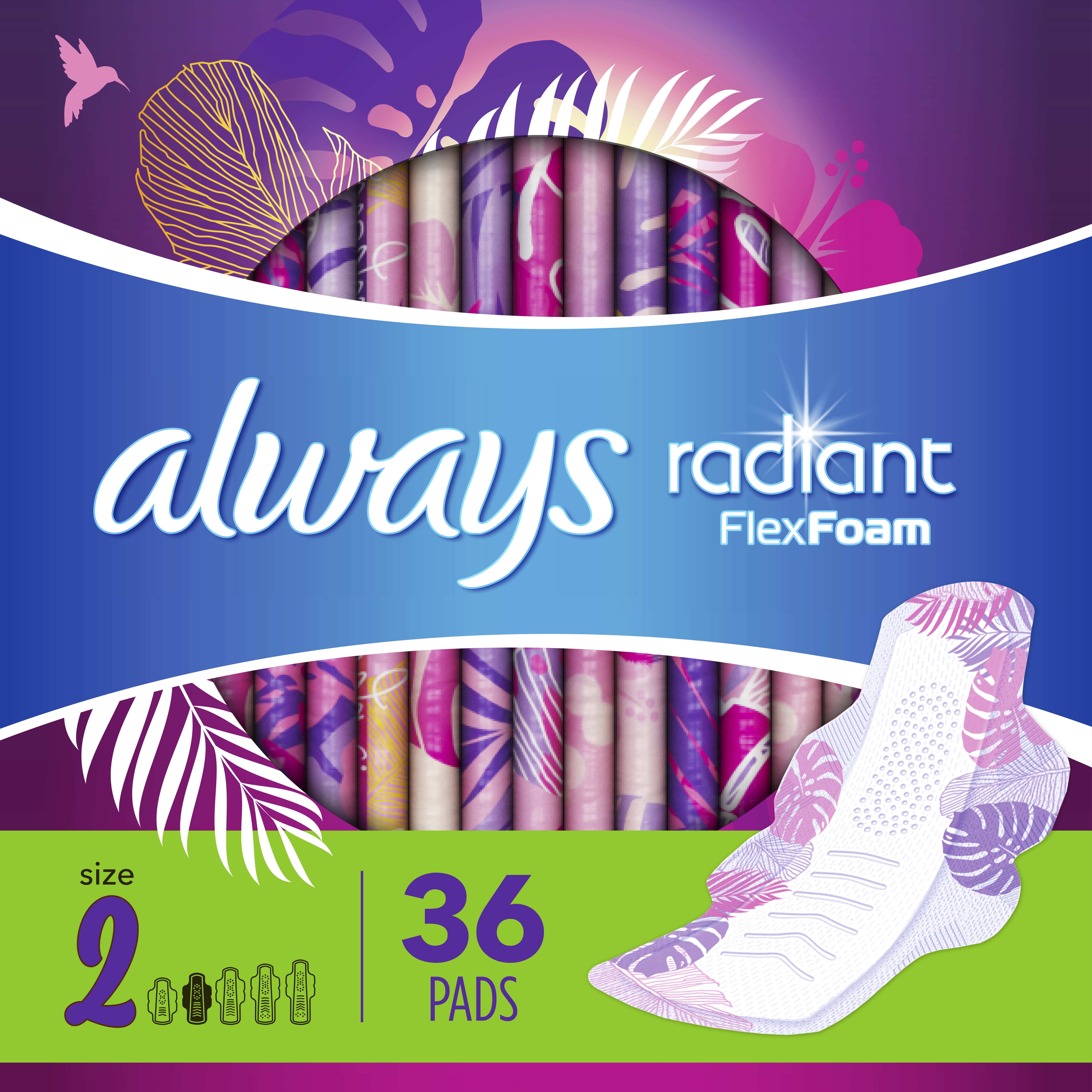 Always Radiant Pads, FlexFoam Pad, Wings, Heavy, Size 2, Light Clean Scent, 36 Count