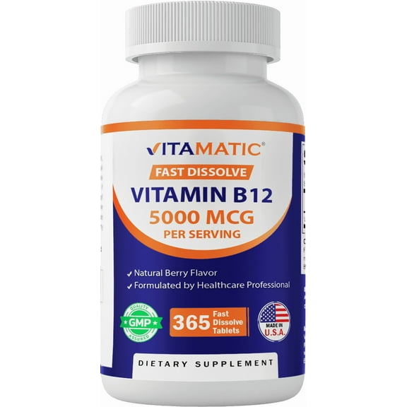 Vitamatic Vitamin B12 5000 mcg per Serving Fast Dissolve 365 Tablets - Berry Flavor - Supports Energy Metabolism