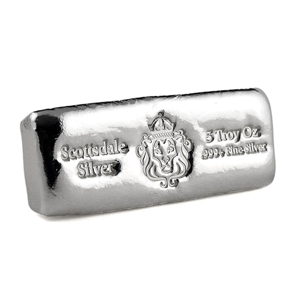 5 oz Silver Bar - Hand Cast .999 Silver Bullion by Scottsdale Mint w/ Scottsdale Lion Hallmark