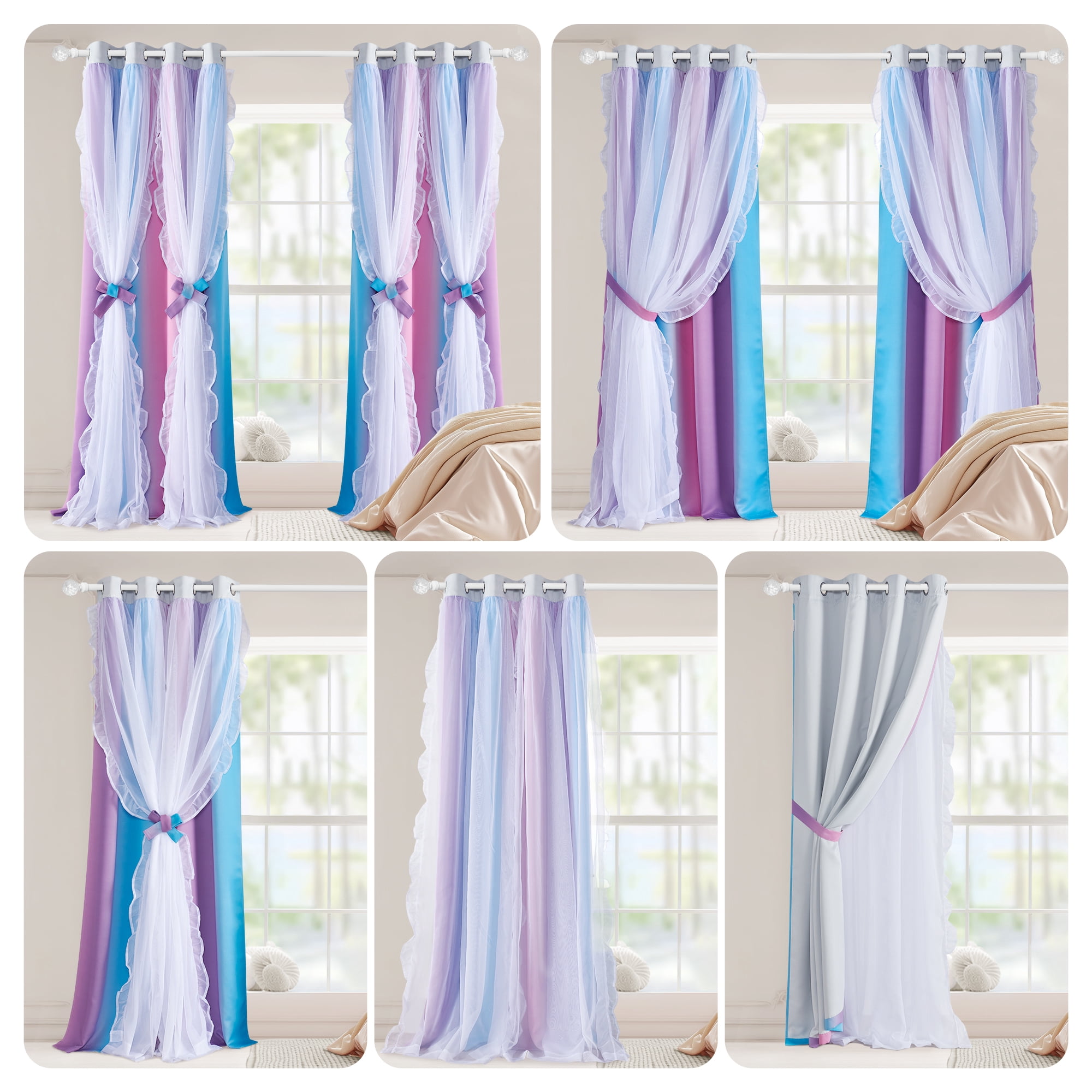 NICETOWN Double Layer Curtain for Girls Bedroom Colorful Rainbow Design Room Darkening Grommet Modern Drapes, Ombre Pink/Blue/Purple, 2 Panels, W52 x L84