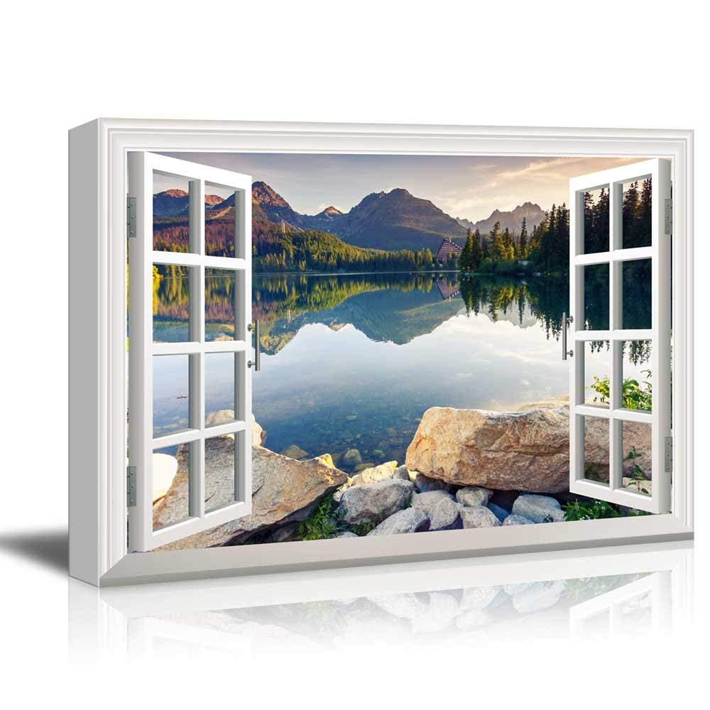 wall26 Creative Window View Canvas Prints Wall Art Peaceful Lake in