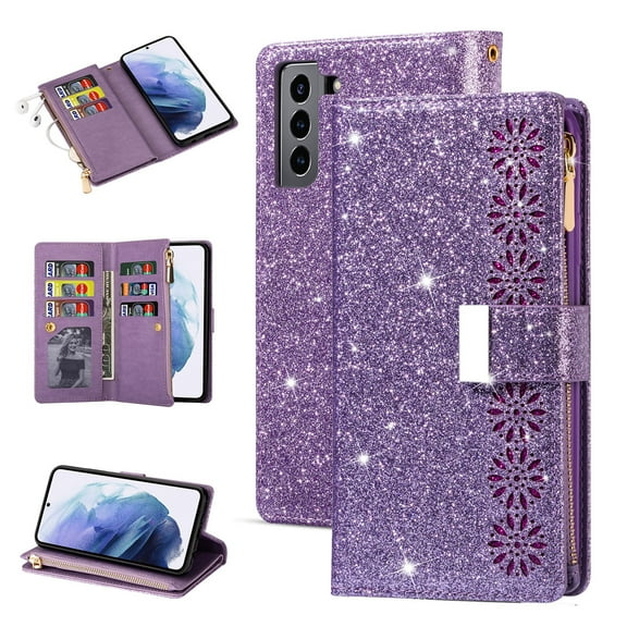 Dteck Galaxy S21 Wallet Case, Bling Sparkle Glitter PU Leather Magnetic Flip Case with Credit Card Slots/Hand Strap for Samsung Galaxy S21, Purple