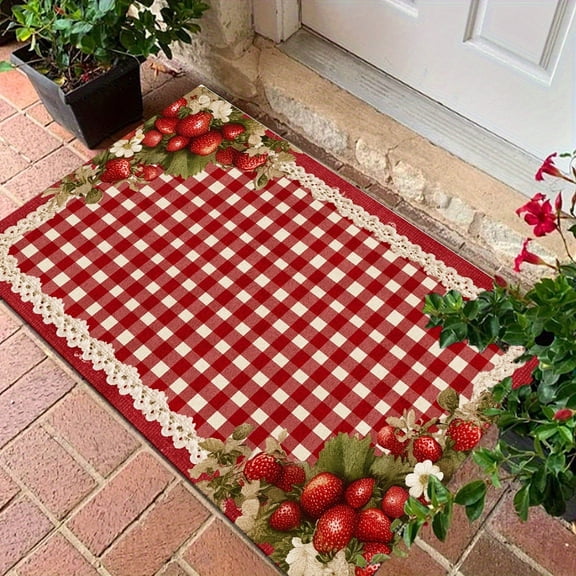 Strawberry Red Gingham Lace Floral Print Flannel Non Slip Washable Floor Rug Farmhouse Entrance Home Decor