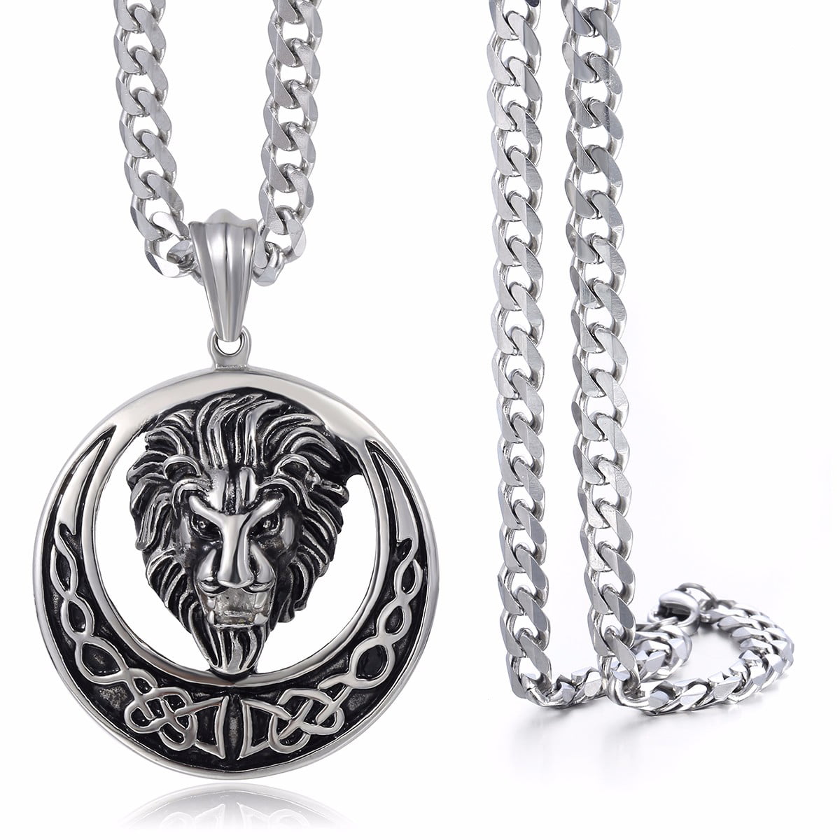 Diamond Framed Mini Medallion Pendant Stainless Steel Necklace with 24 Cuban Chain