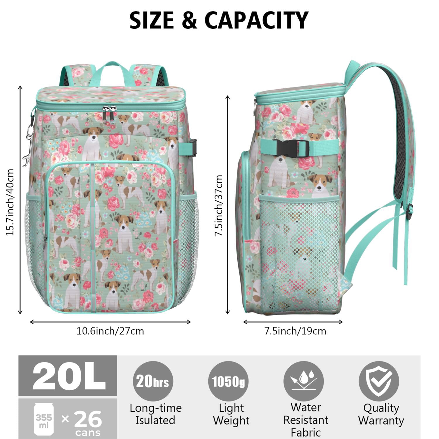 Travel Cooler Bag - Jack Russell Terrier Dog and Flower Camping Beer Cooler Backpack with Bottle Opener- Waterproof Insulated Picnic Backpacks - Cooler Bag for Beach