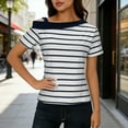 thumbnail image 2 of Short Sleeve Blouses for Women Fashion Striped Casual Short-Sleeve Off-Shoulder Patchwork T-Shirts Top, 2 of 10