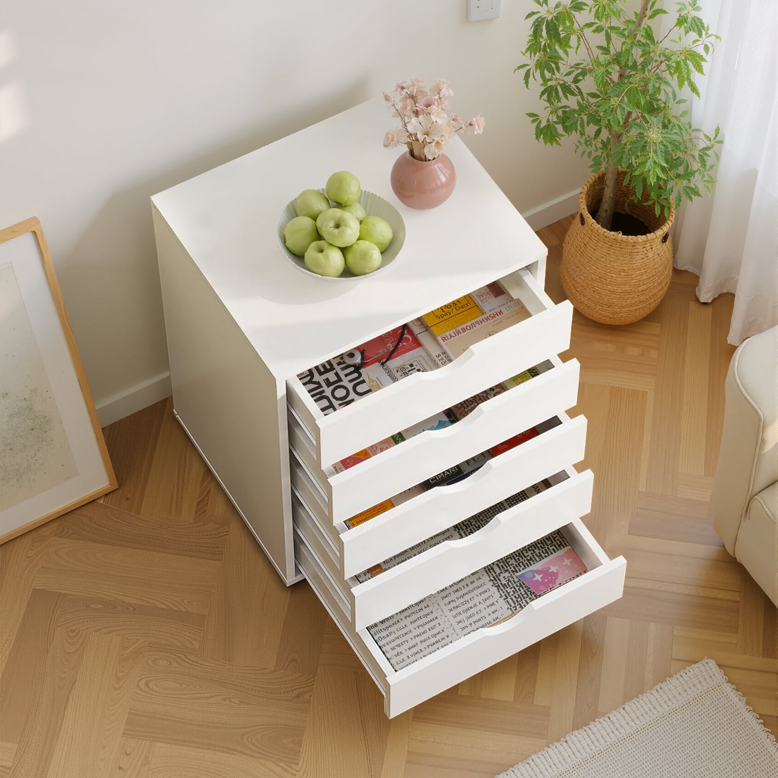 Sybels 5-Drawer Rolling Storage Cart, Mobile File Cabinet & Organizer Dresser with Wheels for Home Office, Wood Chest, White