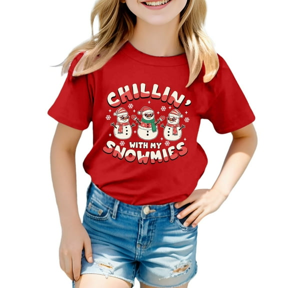 XAOFW Kid T-Shirts Fashionable Christmas Short Sleeve Boys Girls O-Neck Printed Letter Snowman Lightweight Color Block Spring Summer Home Club Party Tee Shirts